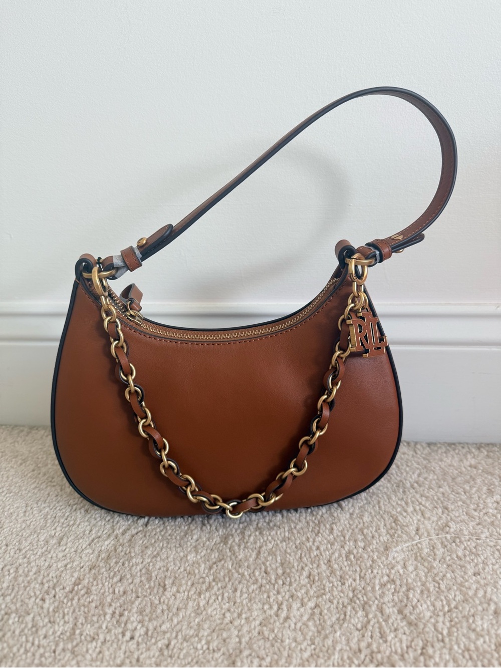 Ralph Lauren Cognac Brown Leather Shoulder Bag with Gold Chain
